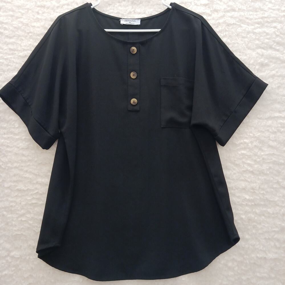 Blouse Black Minimalist Henley Casual Lagenlook Capsule Wardrobe Nite Luxe Sz XL